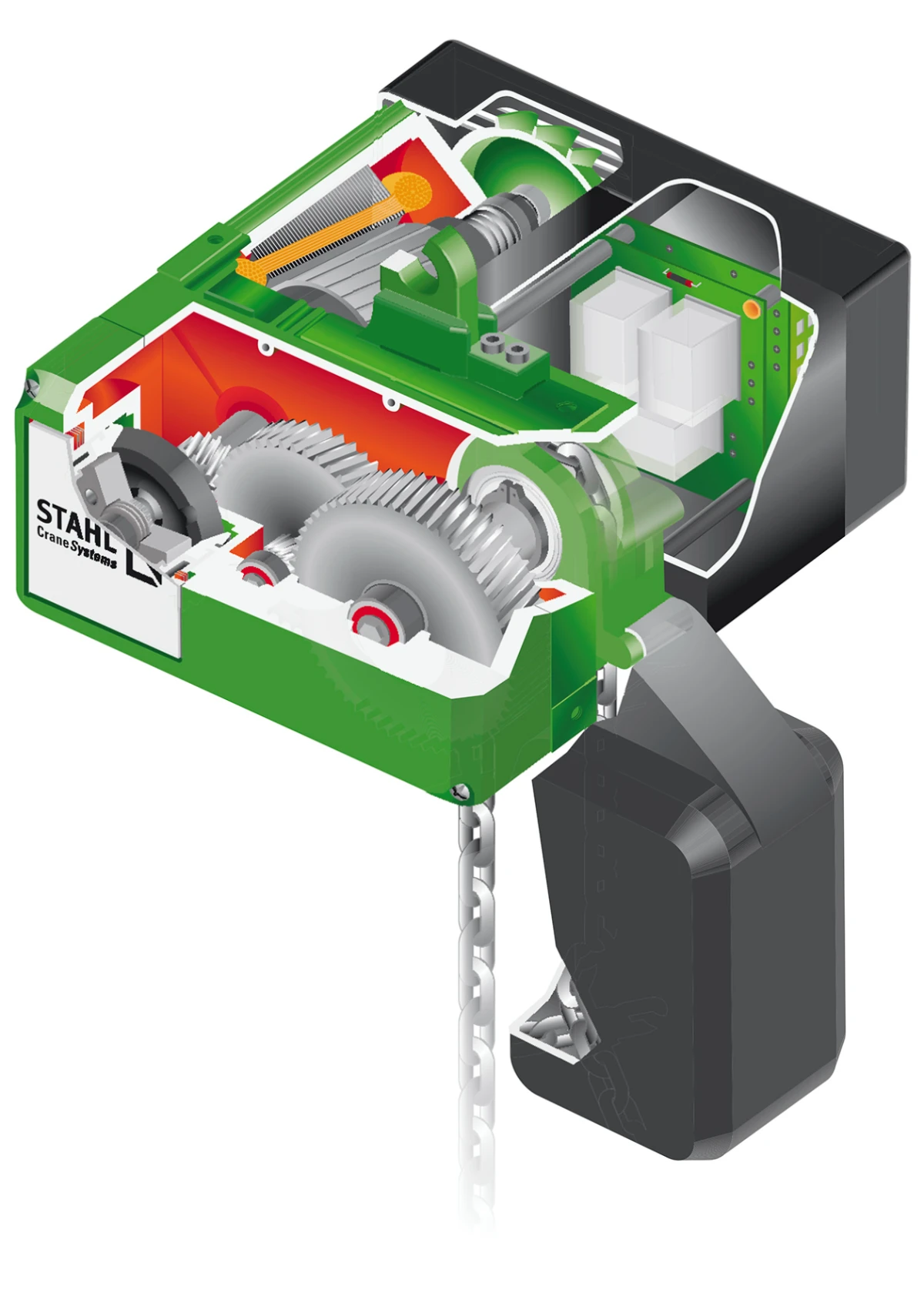 Stahl chain hoist internal mechanism showing gears, motor and chain drive for industrial lifting system