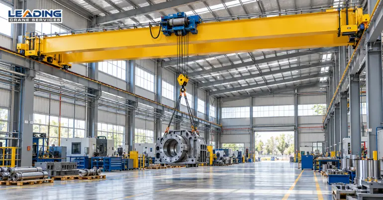 Bridge crane lifting a steel component in a workshop