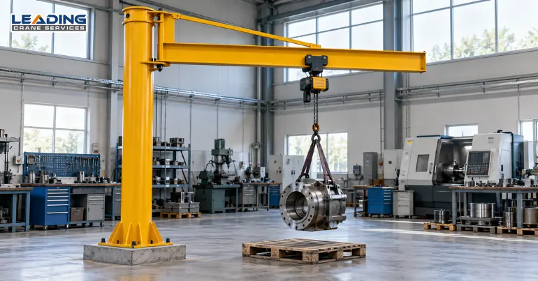 Jib crane lifting a steel component in a workshop