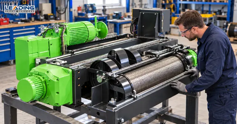 Technician inspecting a green wire rope hoist during maintenance