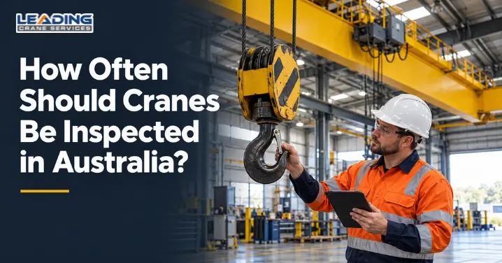 Technician inspecting an overhead crane hook in an industrial workshop.