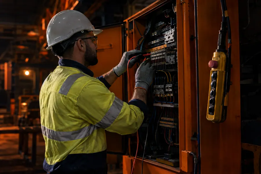 Technician testing a crane control panel and pendant with a multimeter