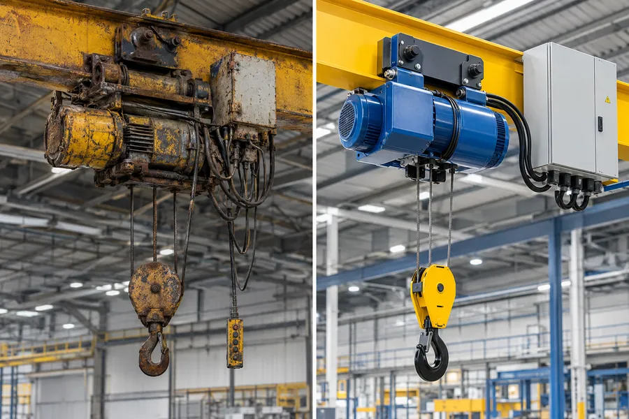 Old weathered crane hoist beside a new modern hoist and electrical cabinet