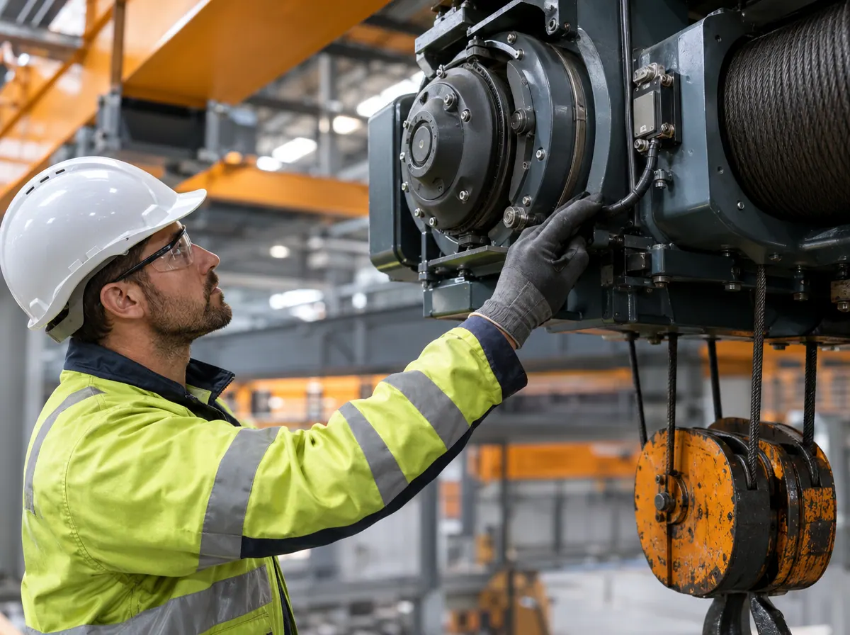 Technician checking a hoist brake and limit switch on an overhead crane
