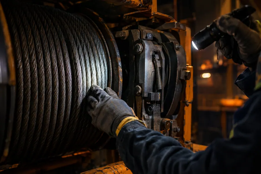 Gloved hand assessing a crane hoist brake and wire rope