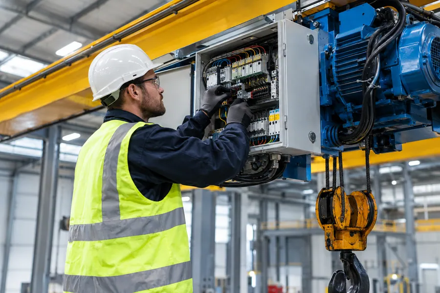 Technician upgrading a hoist control panel on an overhead crane
