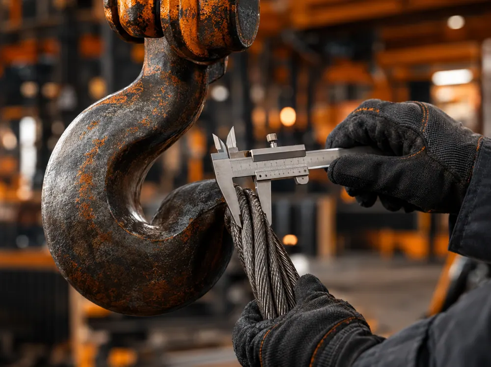 Gloved hand measuring a crane hook and wire rope with a gauge