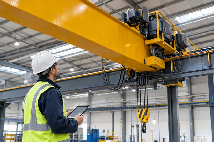 Crane inspector with tablet checking an overhead crane girder and end carriage