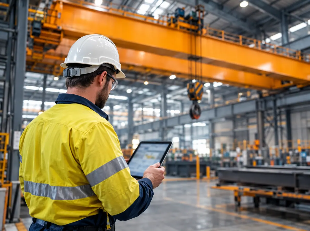 Inspector reviewing a crane inspection report on a tablet beneath an overhead crane