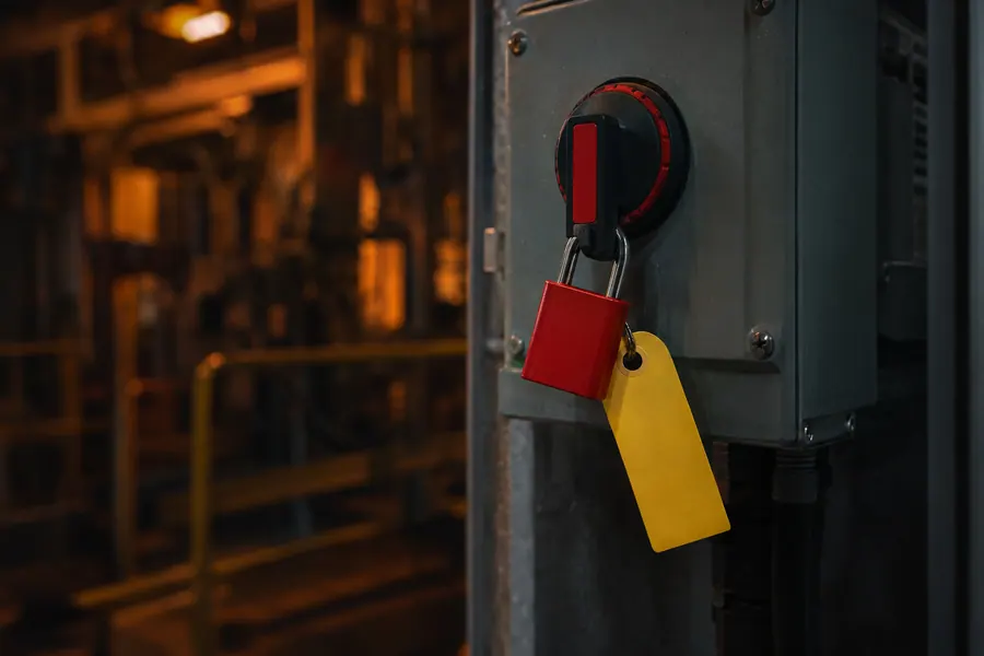 Lockout tagout padlock and danger tag fitted to an industrial isolator switch