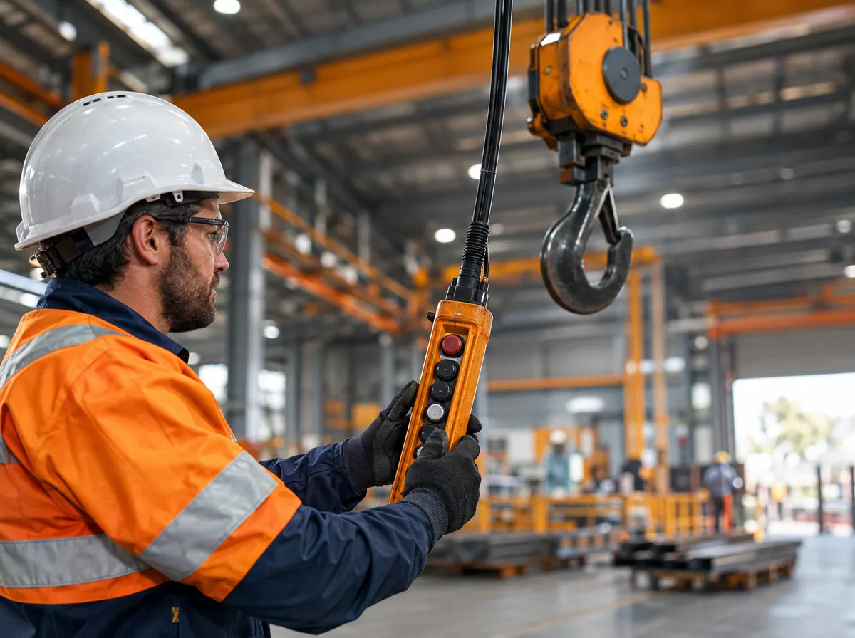 Technician testing an overhead crane pendant control station