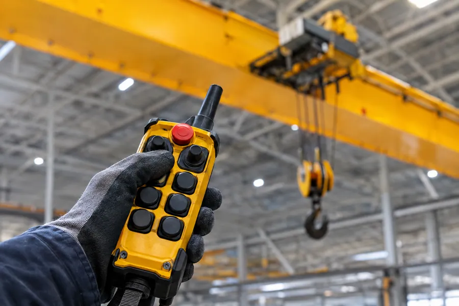 Gloved hand holding a crane radio remote control