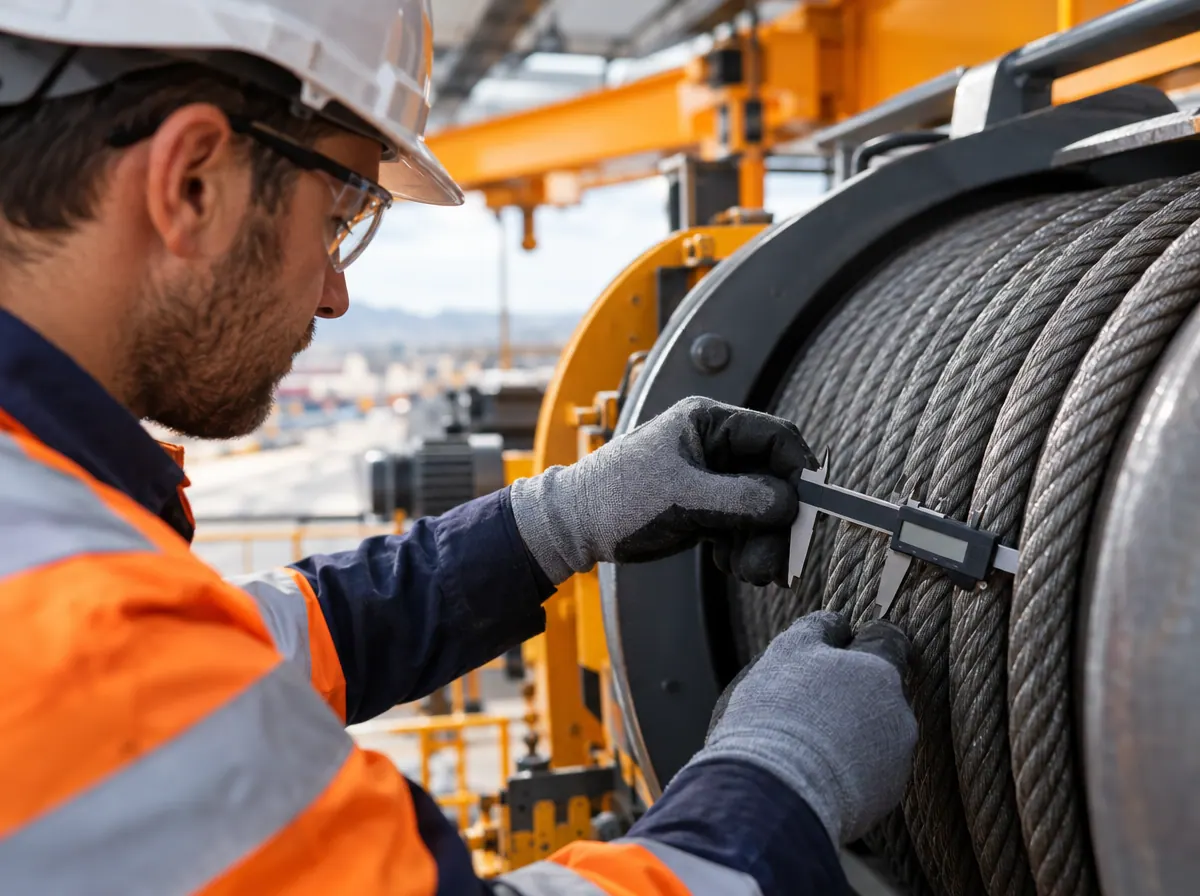 Inspector measuring the diameter of a crane wire rope with a caliper