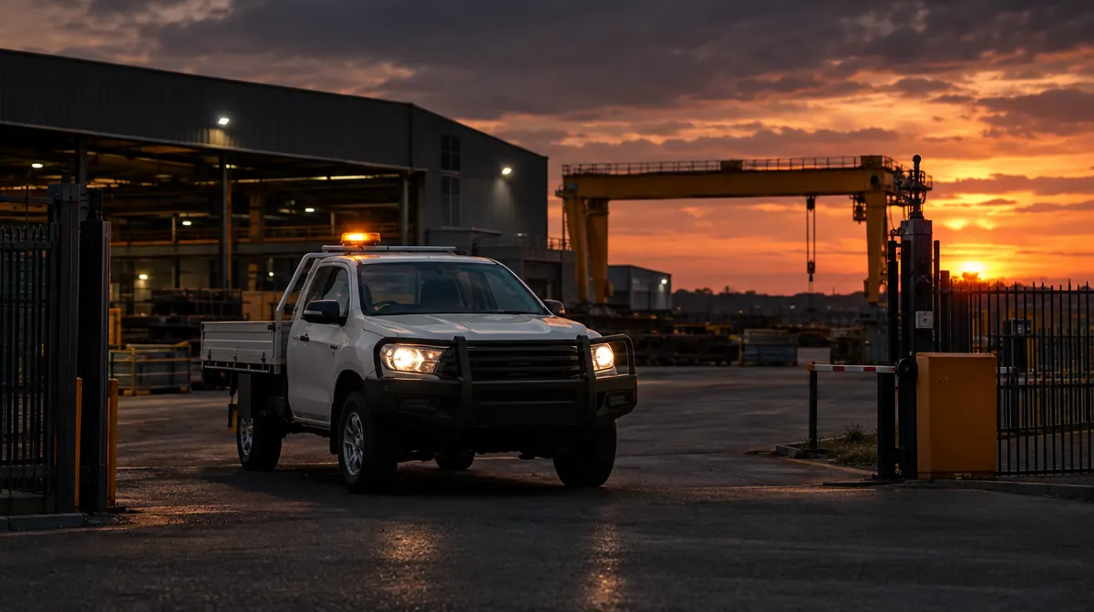 Unbranded service vehicle arriving at an industrial site at dusk