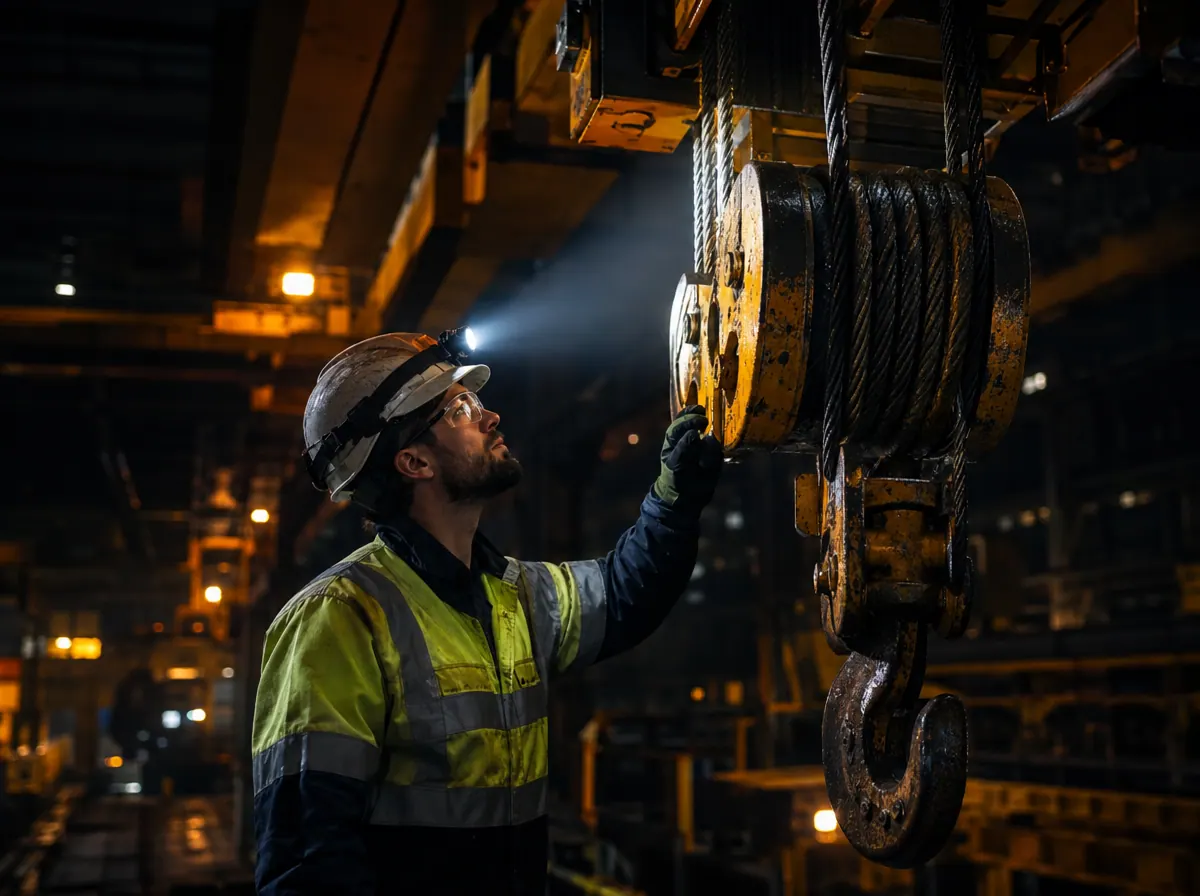 Technician in hard hat and hi-vis with a head torch inspecting an overhead crane hoist in a dim factory at night