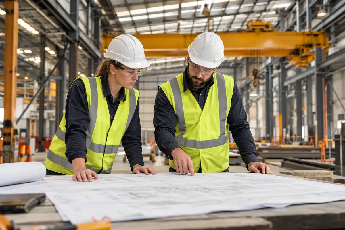 Two engineers in hard hats and hi-vis reviewing crane drawings on an industrial site