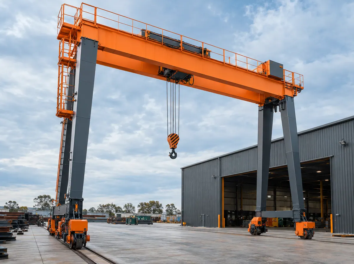 Large gantry crane standing in an Australian industrial yard beside a factory bay