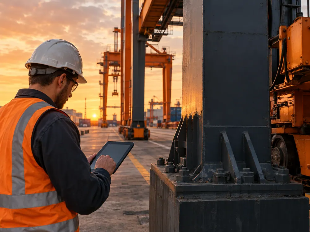 Inspector completing an inspection record on a tablet beside a gantry crane