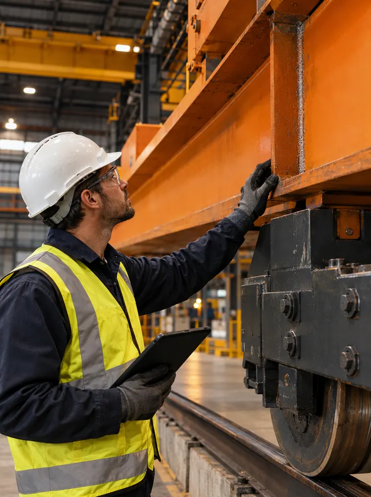 Crane inspector with a tablet checking a gantry girder weld and end carriage