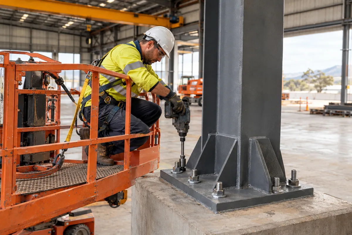 Installer on an elevated work platform anchoring a gantry crane leg to a concrete floor