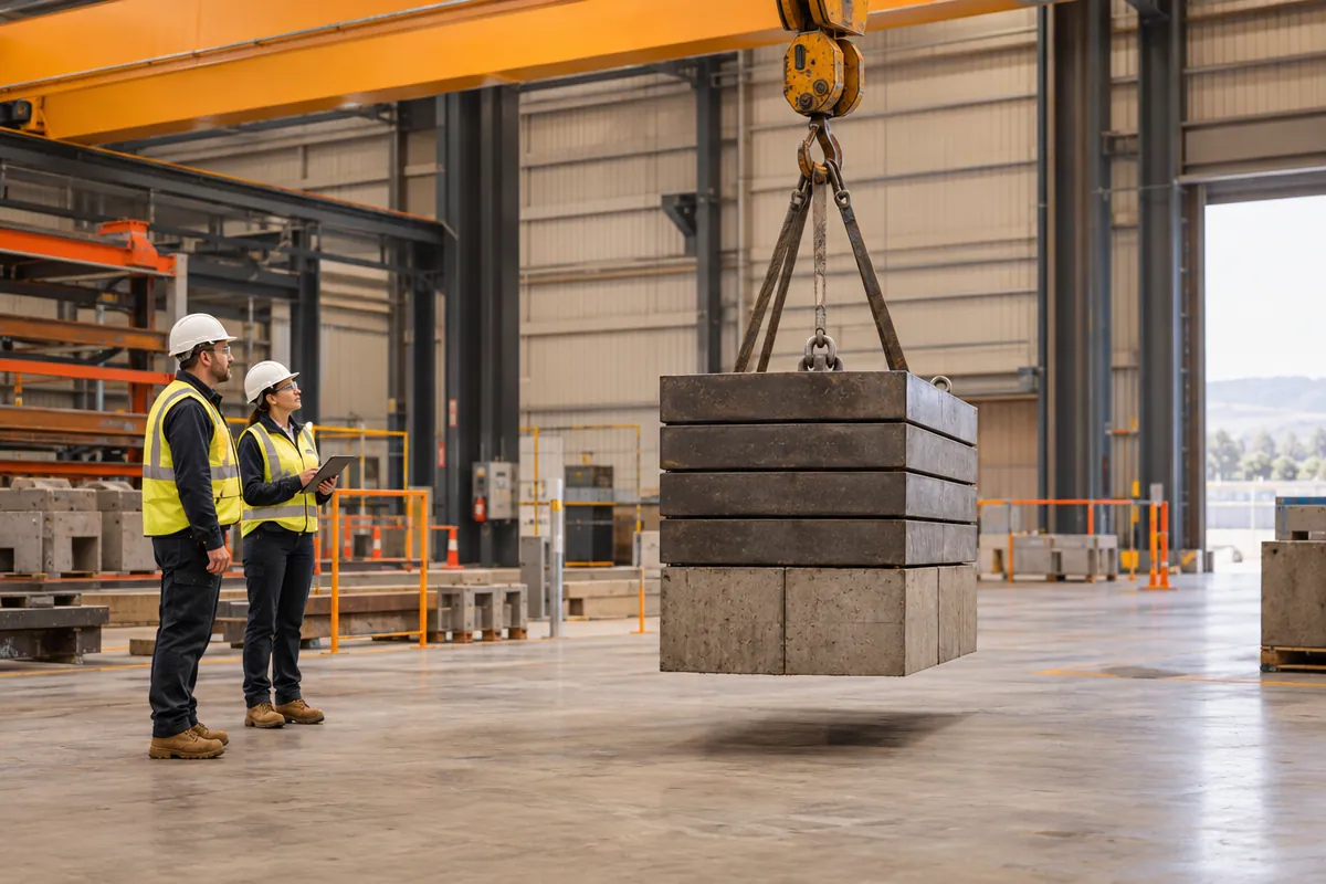 Gantry crane load test with test weights suspended from the hook while technicians observe