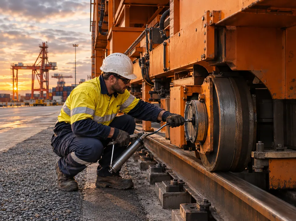 Technician lubricating a gantry crane wheel and rail travel mechanism