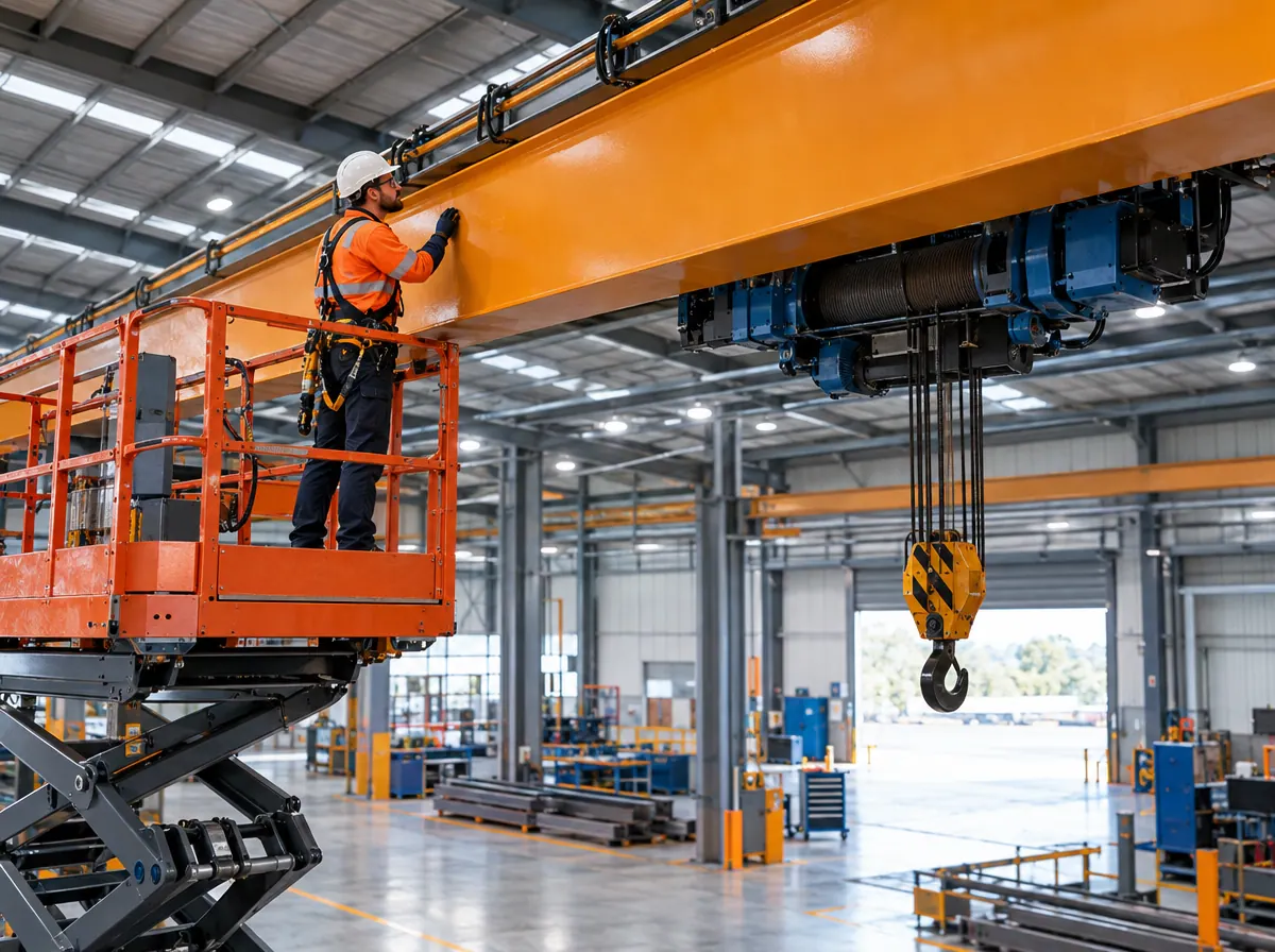 Inspector in hi-vis and harness on an elevated work platform checking an overhead bridge crane spanning a factory bay