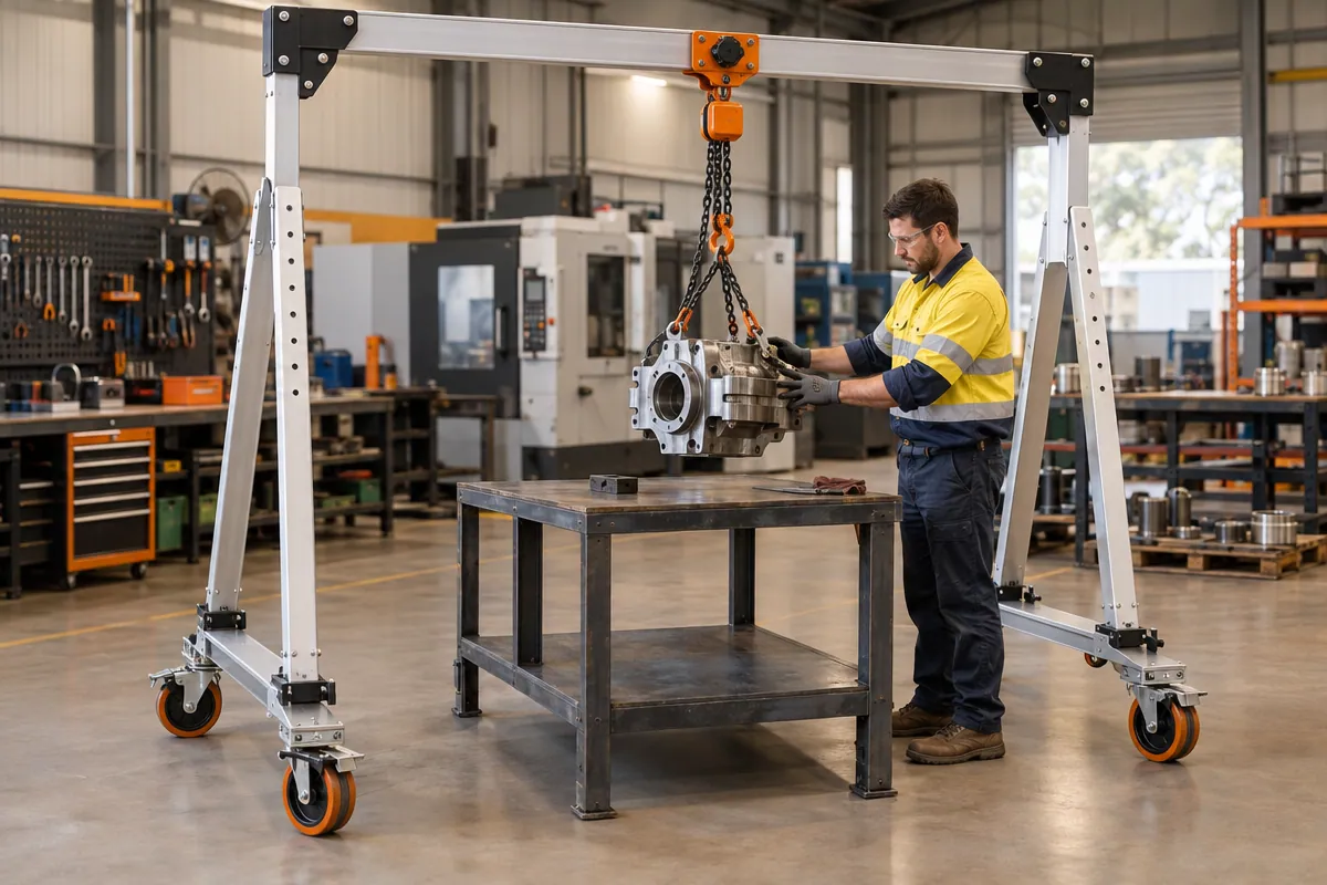 Portable aluminium gantry crane on castors lifting a component in a workshop